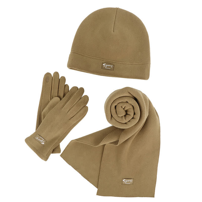 Ensemble de 3 pièces unisexe en polaire de couleur unie avec bonnet, écharpe et gants