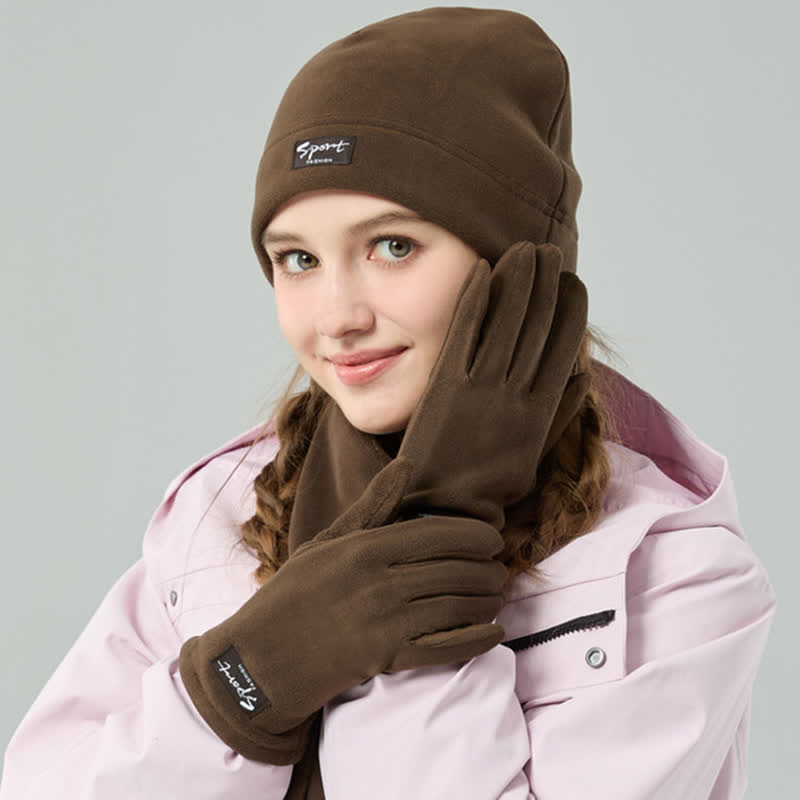 Ensemble de 3 pièces unisexe en polaire de couleur unie avec bonnet, écharpe et gants