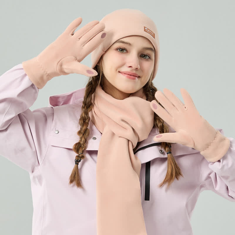 Ensemble de 3 pièces unisexe en polaire de couleur unie avec bonnet, écharpe et gants