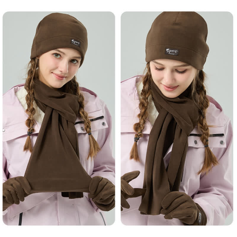 Ensemble de 3 pièces unisexe en polaire de couleur unie avec bonnet, écharpe et gants