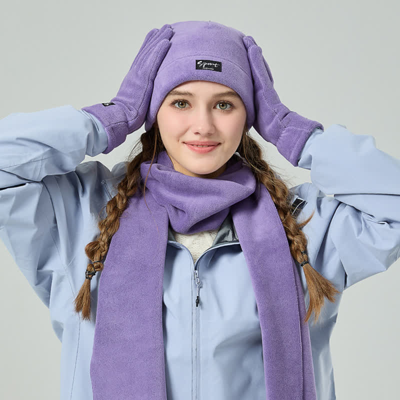 Ensemble de 3 pièces unisexe en polaire de couleur unie avec bonnet, écharpe et gants