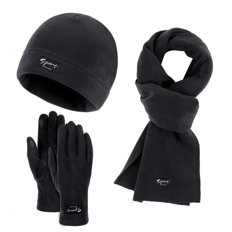 Ensemble de 3 pièces unisexe en polaire de couleur unie avec bonnet, écharpe et gants