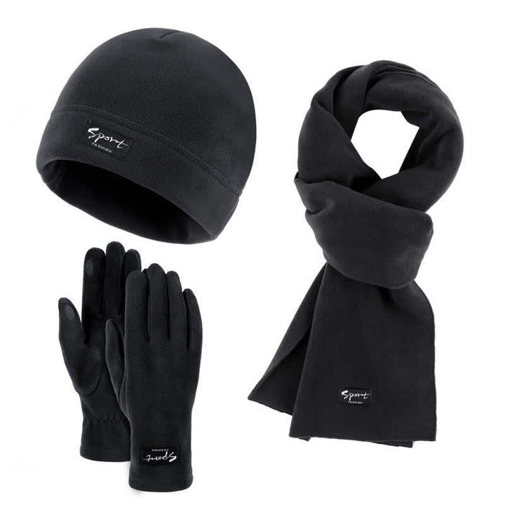 Ensemble de 3 pièces unisexe en polaire de couleur unie avec bonnet, écharpe et gants
