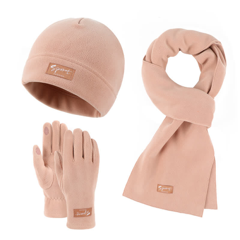Ensemble de 3 pièces unisexe en polaire de couleur unie avec bonnet, écharpe et gants
