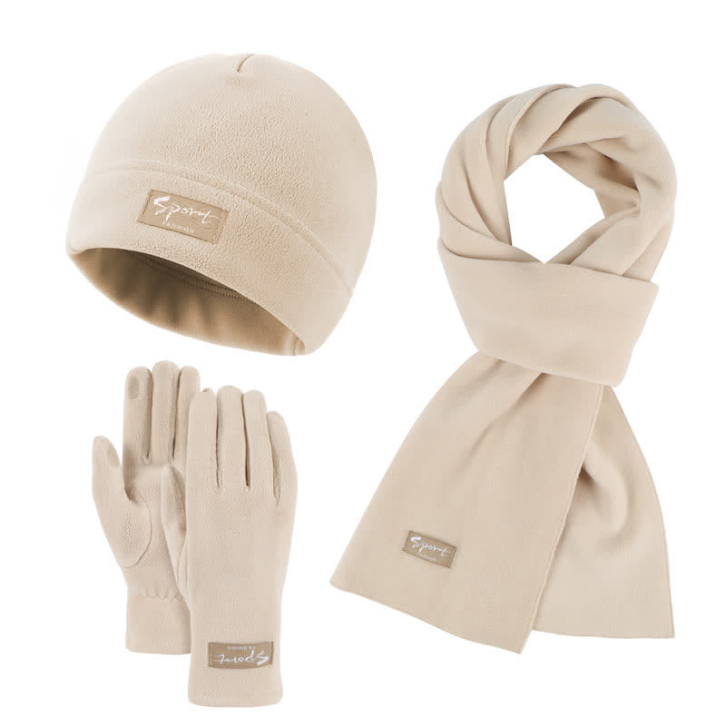 Ensemble de 3 pièces unisexe en polaire de couleur unie avec bonnet, écharpe et gants