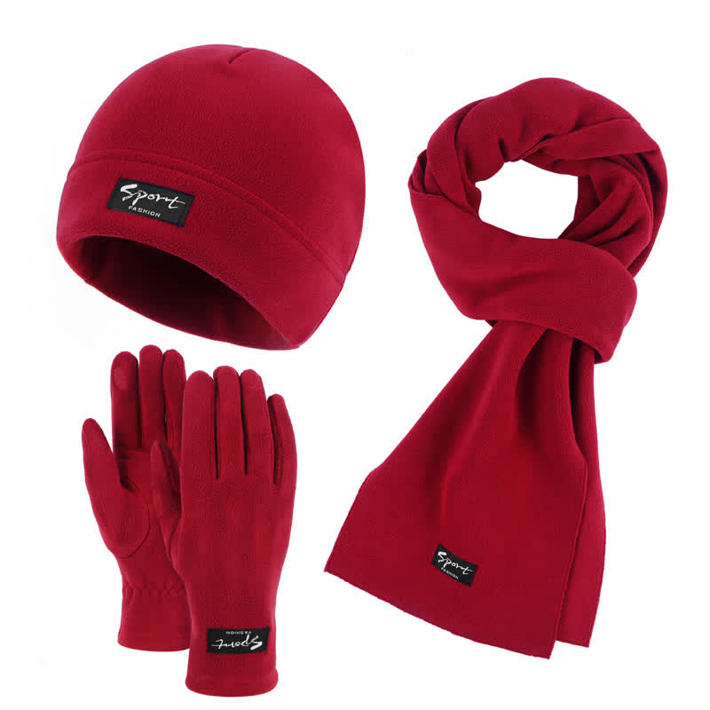 Ensemble de 3 pièces unisexe en polaire de couleur unie avec bonnet, écharpe et gants