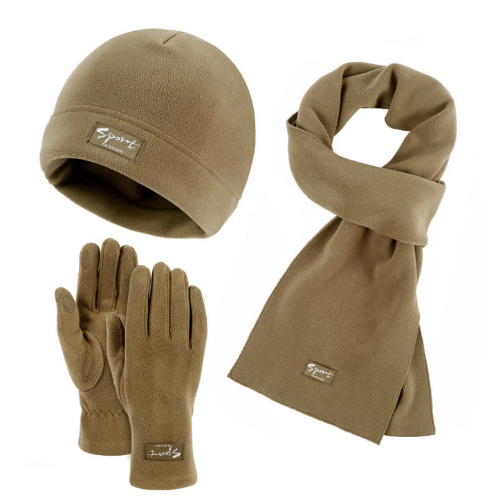 Ensemble de 3 pièces unisexe en polaire de couleur unie avec bonnet, écharpe et gants