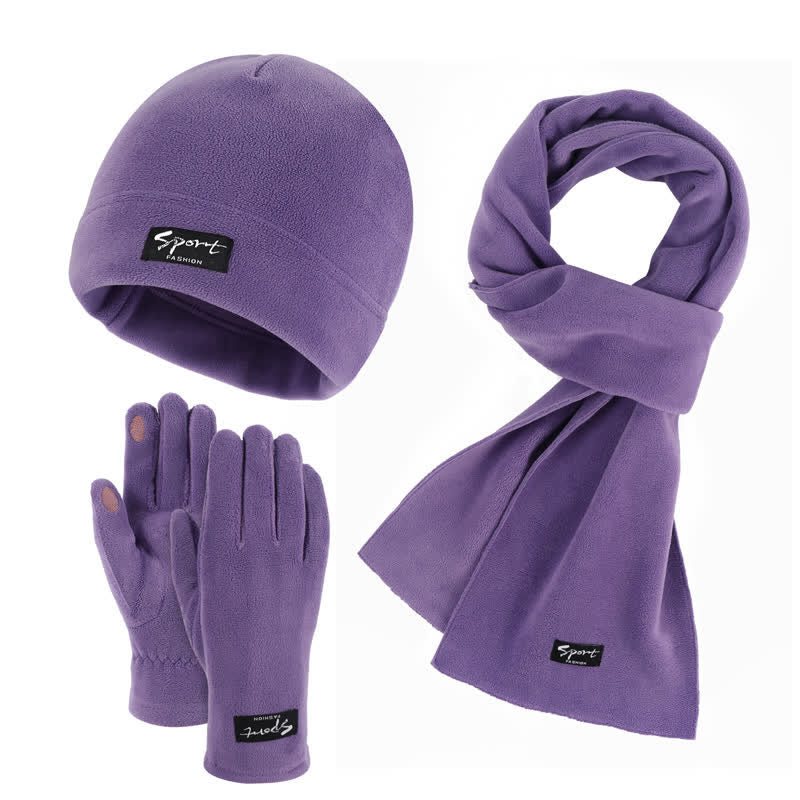 Ensemble de 3 pièces unisexe en polaire de couleur unie avec bonnet, écharpe et gants