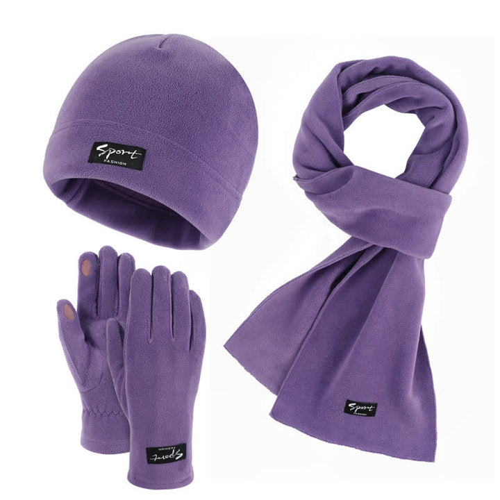 Ensemble de 3 pièces unisexe en polaire de couleur unie avec bonnet, écharpe et gants