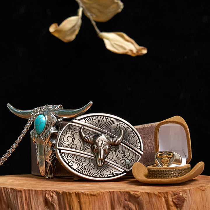 Ensemble de boucles de ceinture, pendentifs et bagues à faire soi-même, style taureau turquoise à longues cornes