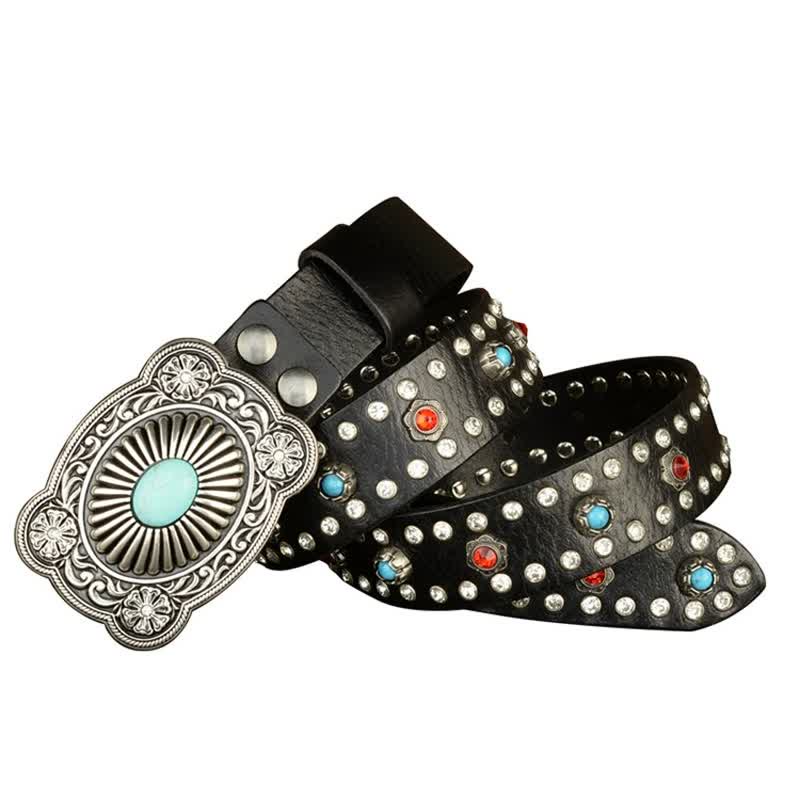 Ceinture gothique rétro en cuir noir avec rivets en pierres précieuses rouges et bleues