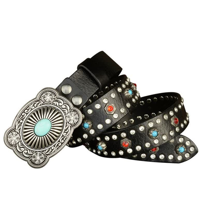 Ceinture gothique rétro en cuir noir avec rivets en pierres précieuses rouges et bleues