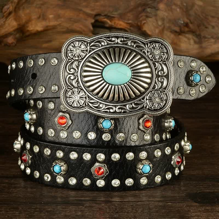 Ceinture gothique rétro en cuir noir avec rivets en pierres précieuses rouges et bleues