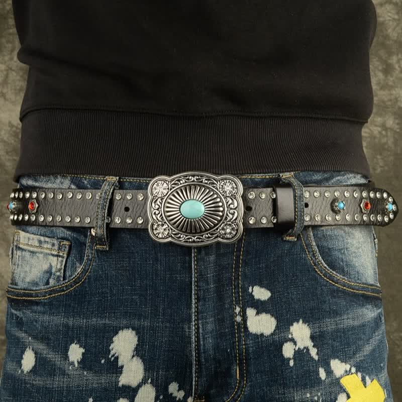 Ceinture gothique rétro en cuir noir avec rivets en pierres précieuses rouges et bleues