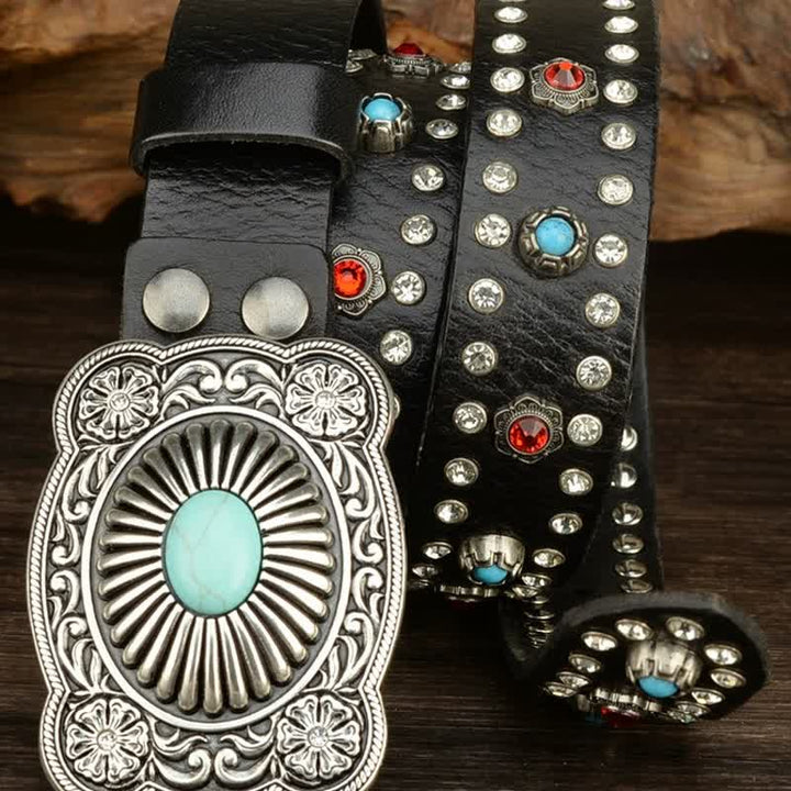Ceinture gothique rétro en cuir noir avec rivets en pierres précieuses rouges et bleues