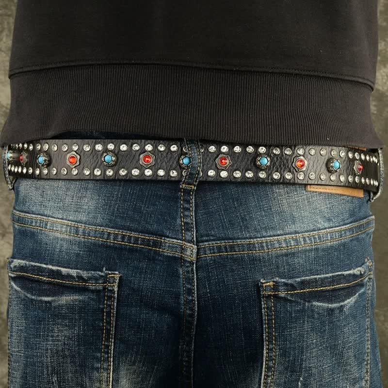 Ceinture gothique rétro en cuir noir avec rivets en pierres précieuses rouges et bleues