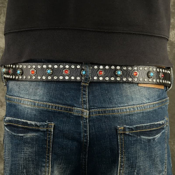 Ceinture gothique rétro en cuir noir avec rivets en pierres précieuses rouges et bleues