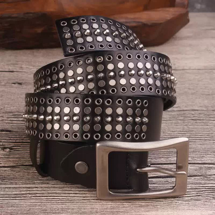 Ceinture en cuir Rock à cinq rangées de rivets argentés