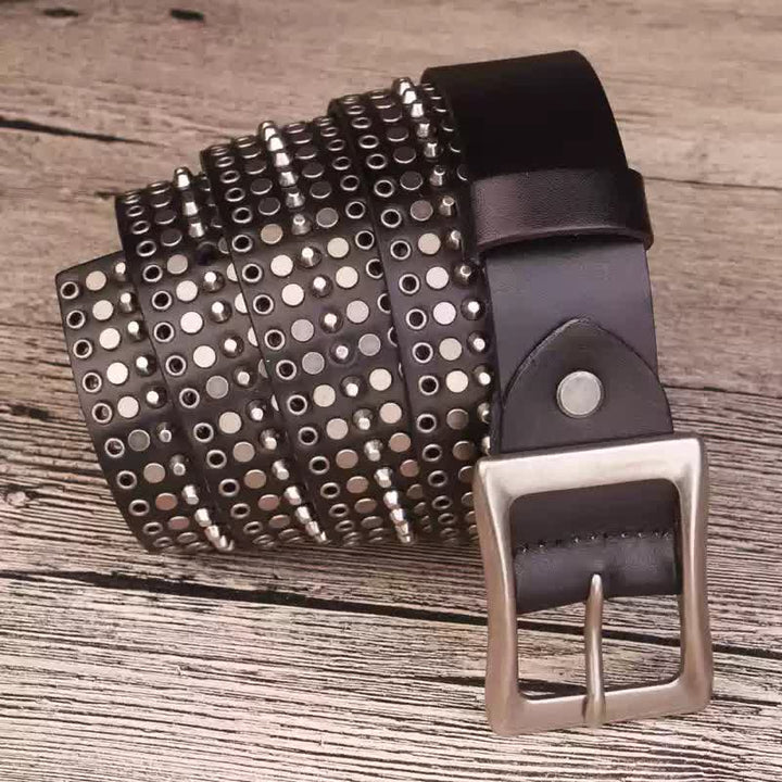 Ceinture en cuir Rock à cinq rangées de rivets argentés