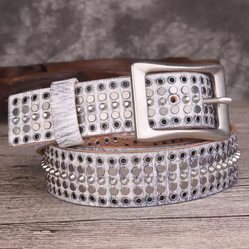 Ceinture en cuir Rock à cinq rangées de rivets argentés