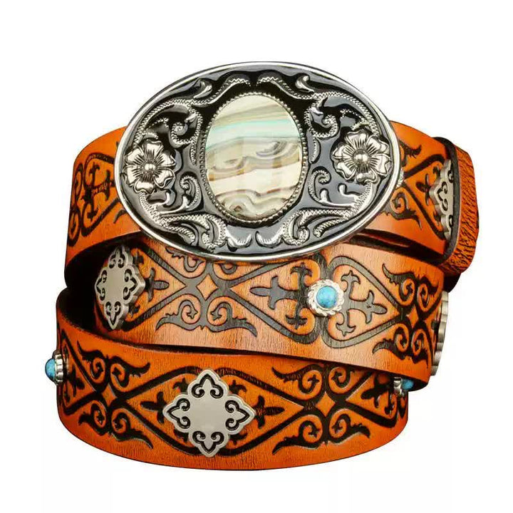 Ceinture en cuir à motif gaufré orange à look ethnique