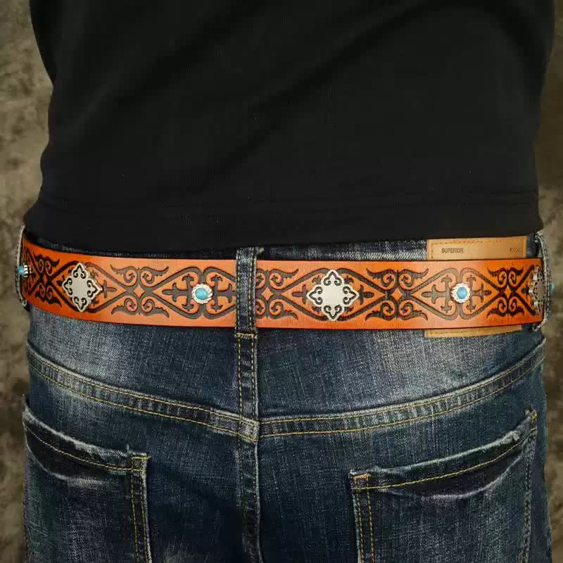 Ceinture en cuir à motif gaufré orange à look ethnique