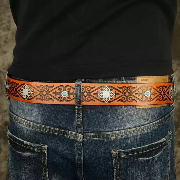 Ceinture en cuir à motif gaufré orange à look ethnique