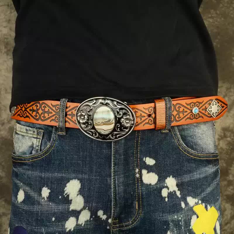 Ceinture en cuir à motif gaufré orange à look ethnique