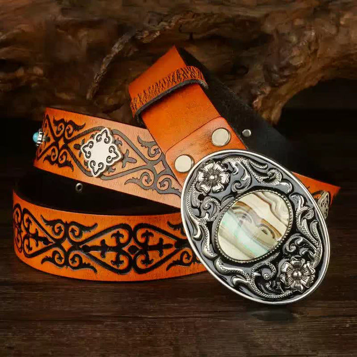 Ceinture en cuir à motif gaufré orange à look ethnique