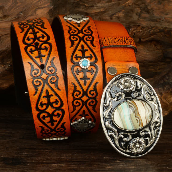 Ceinture en cuir à motif gaufré orange à look ethnique