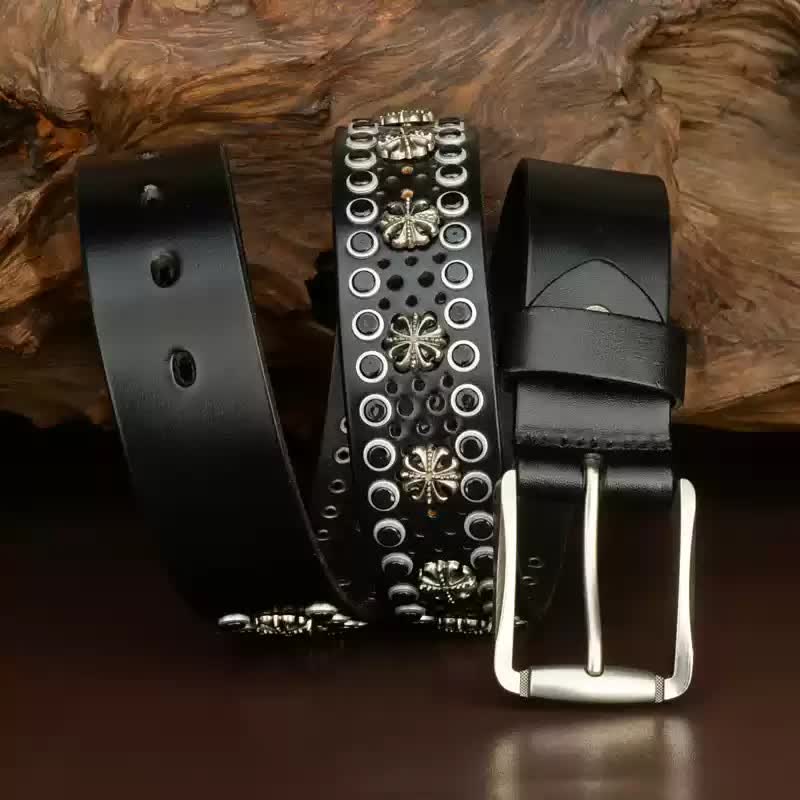Ceinture en cuir cloutée vintage à fleurs creuses Hip-Hop