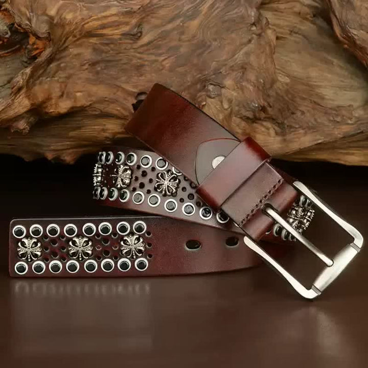 Ceinture en cuir cloutée vintage à fleurs creuses Hip-Hop