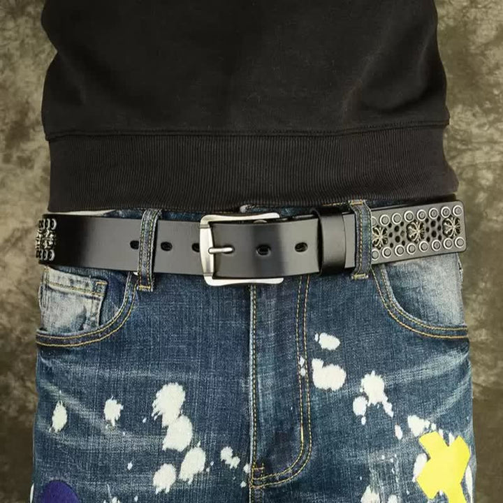 Ceinture en cuir cloutée vintage à fleurs creuses Hip-Hop