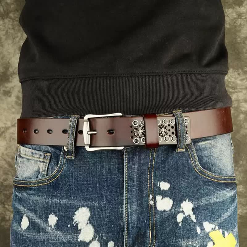 Ceinture en cuir cloutée vintage à fleurs creuses Hip-Hop