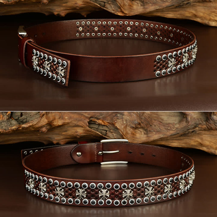 Ceinture en cuir cloutée vintage à fleurs creuses Hip-Hop
