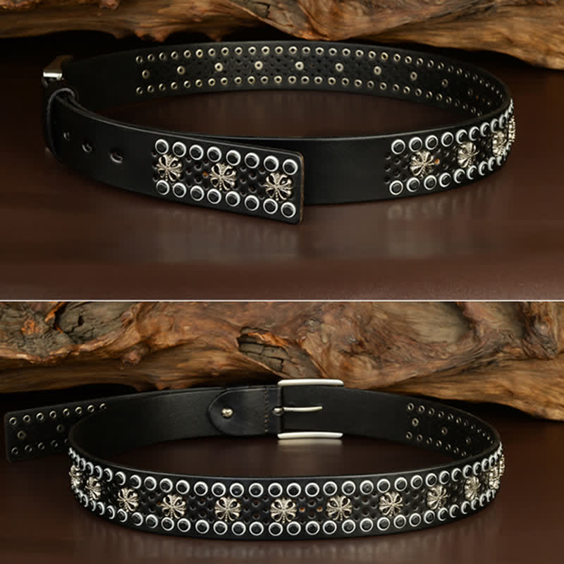 Ceinture en cuir cloutée vintage à fleurs creuses Hip-Hop