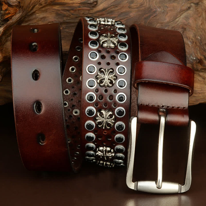 Ceinture en cuir cloutée vintage à fleurs creuses Hip-Hop
