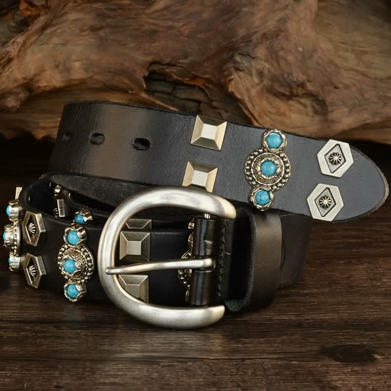 Ceinture en cuir à rivets géométriques cloutés turquoise élégante