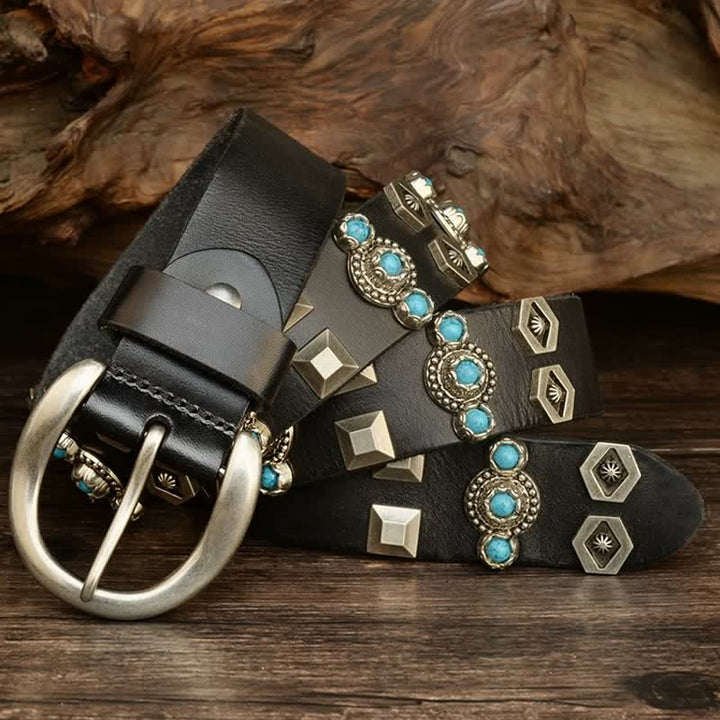 Ceinture en cuir à rivets géométriques cloutés turquoise élégante