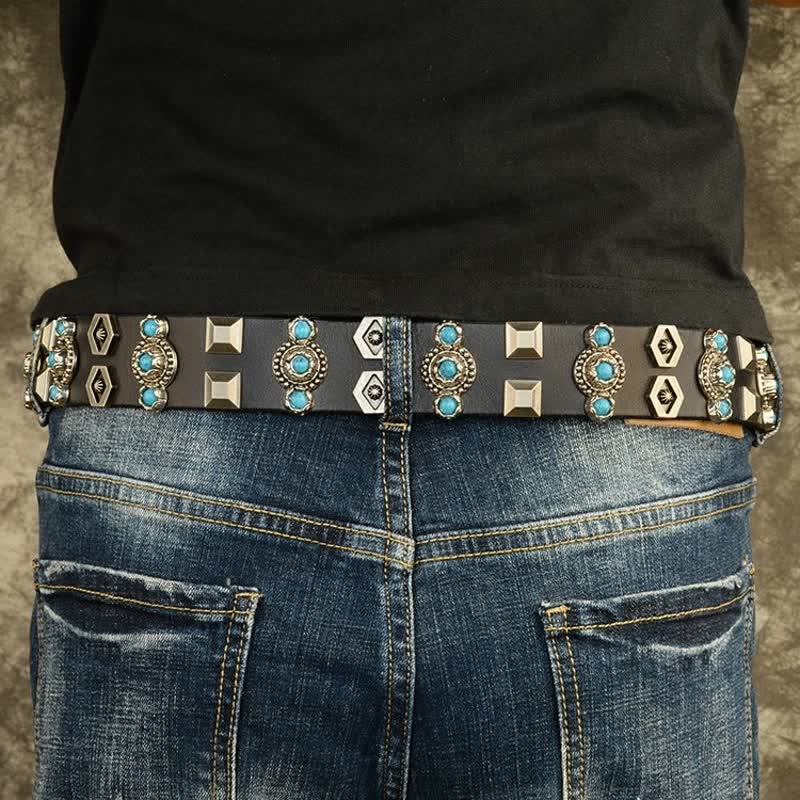 Ceinture en cuir à rivets géométriques cloutés turquoise élégante