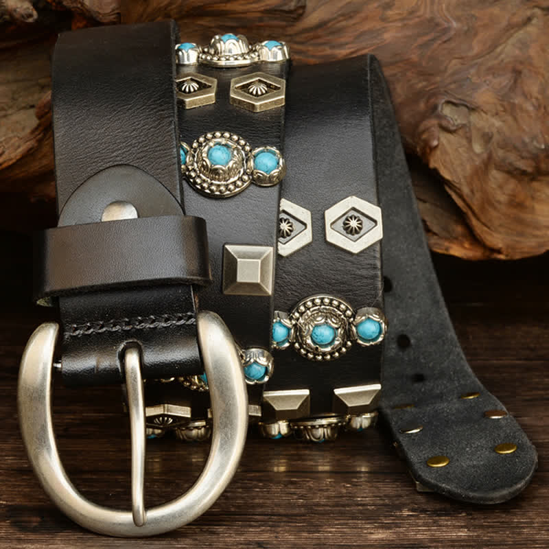 Ceinture en cuir à rivets géométriques cloutés turquoise élégante