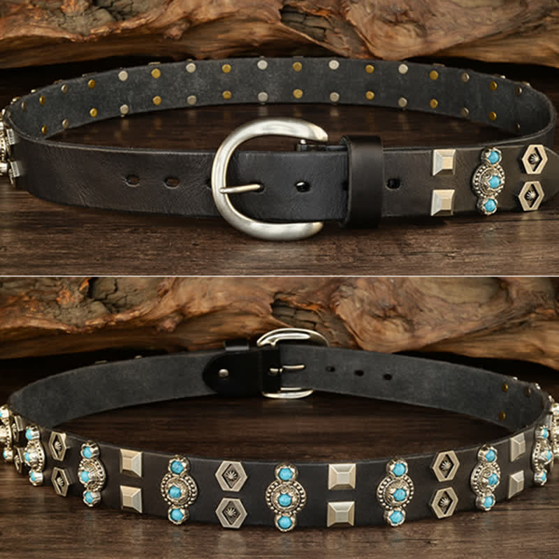 Ceinture en cuir à rivets géométriques cloutés turquoise élégante