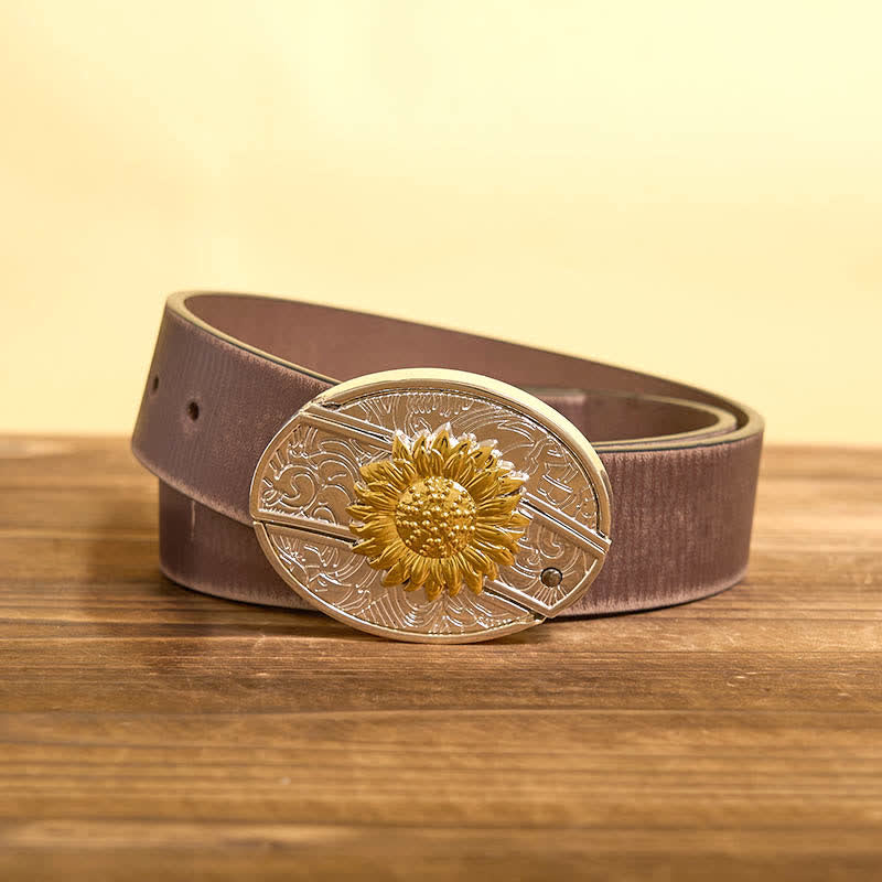 Ceinture en cuir pour homme avec couteau pliant caché tournesol doré et argenté - Tournesol - Ceinture marron vieillie - 42 - image 7