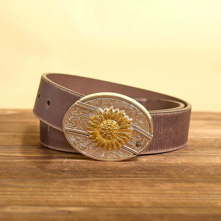Ceinture en cuir pour homme avec couteau pliant caché tournesol doré et argenté - Tournesol - Ceinture marron vieillie - 42 - image 7