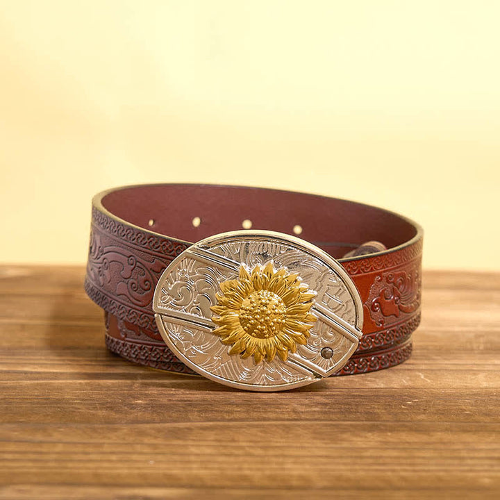Ceinture en cuir pour homme avec couteau pliant caché tournesol doré et argenté - Tournesol - Ceinture marron sculptée - 42 - image 8