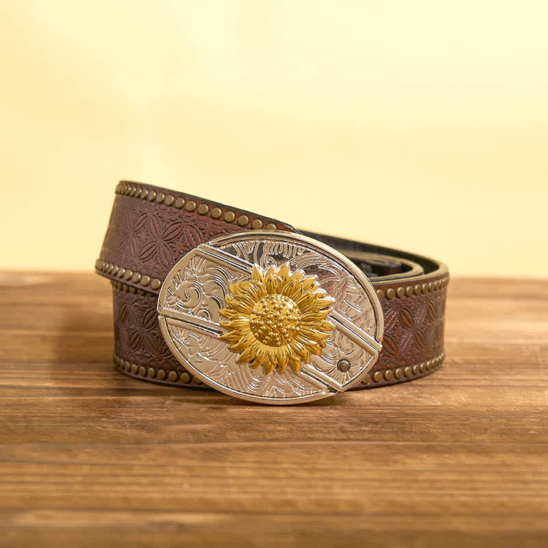 Ceinture en cuir pour homme avec couteau pliant caché tournesol doré et argenté - Tournesol - Ceinture à rivets marron - 42 - image 6