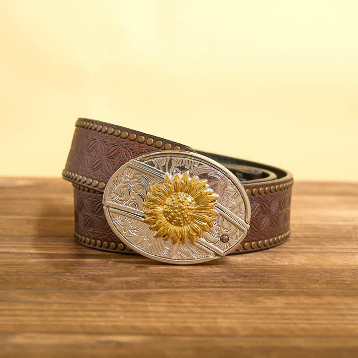 Ceinture en cuir pour homme avec couteau pliant caché tournesol doré et argenté - Tournesol - Ceinture à rivets marron - 42 - image 6