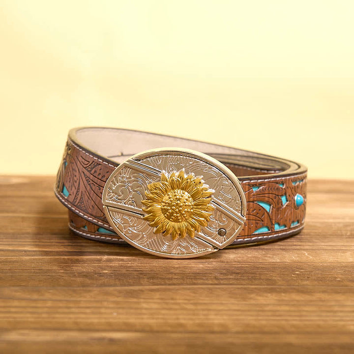 Ceinture en cuir pour homme avec couteau pliant caché tournesol doré et argenté - Tournesol - Ceinture sculptée en turquoise - 42 - image 5