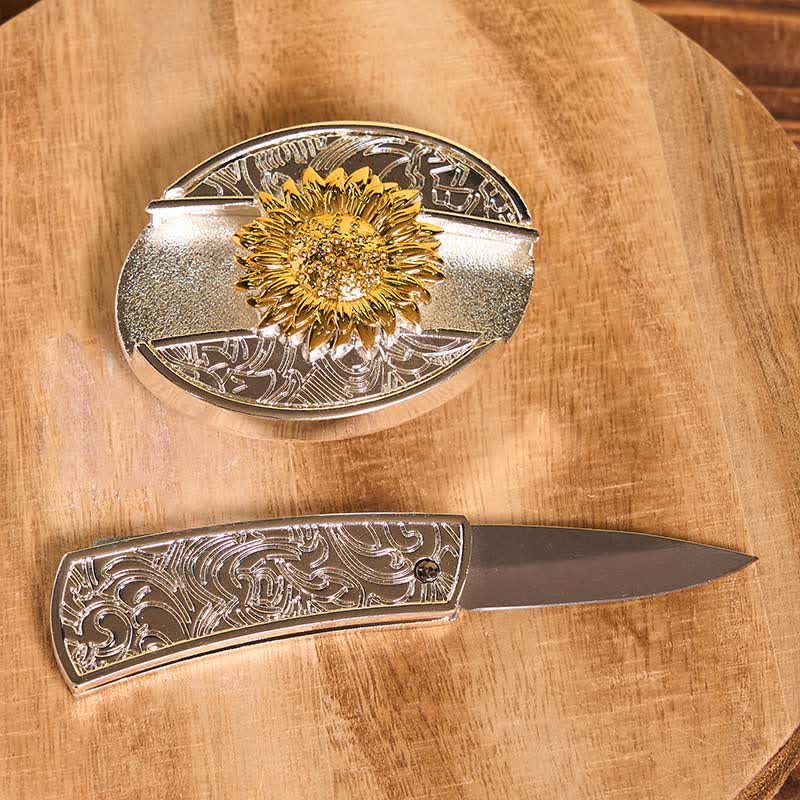 Ceinture en cuir pour homme avec couteau pliant caché tournesol doré et argenté - image 3