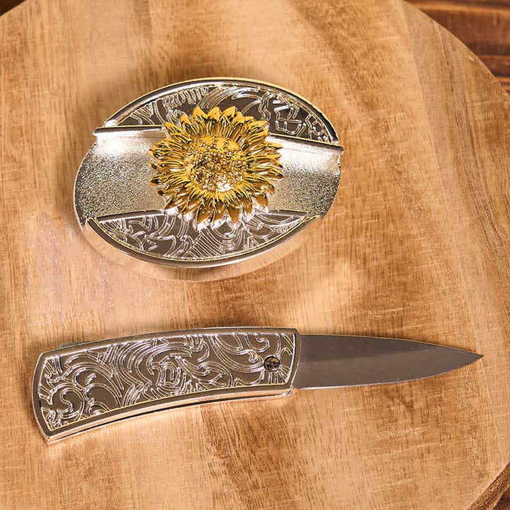Ceinture en cuir pour homme avec couteau pliant caché tournesol doré et argenté - image 3